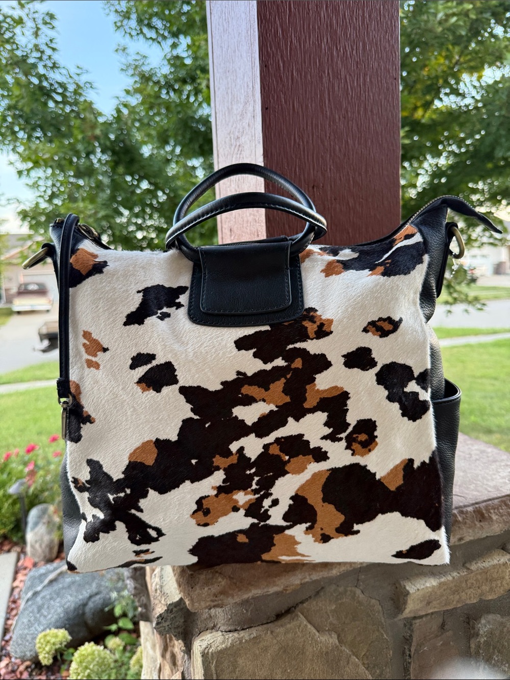 HOBO Sheila Large Satchel In Hair-On Leather; Cow Print Black And Brown - Picture 10 of 11